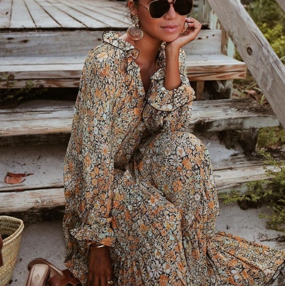 Free People Floral Long Sleeve Dress in Yellow and Black - Picture 5 of 10